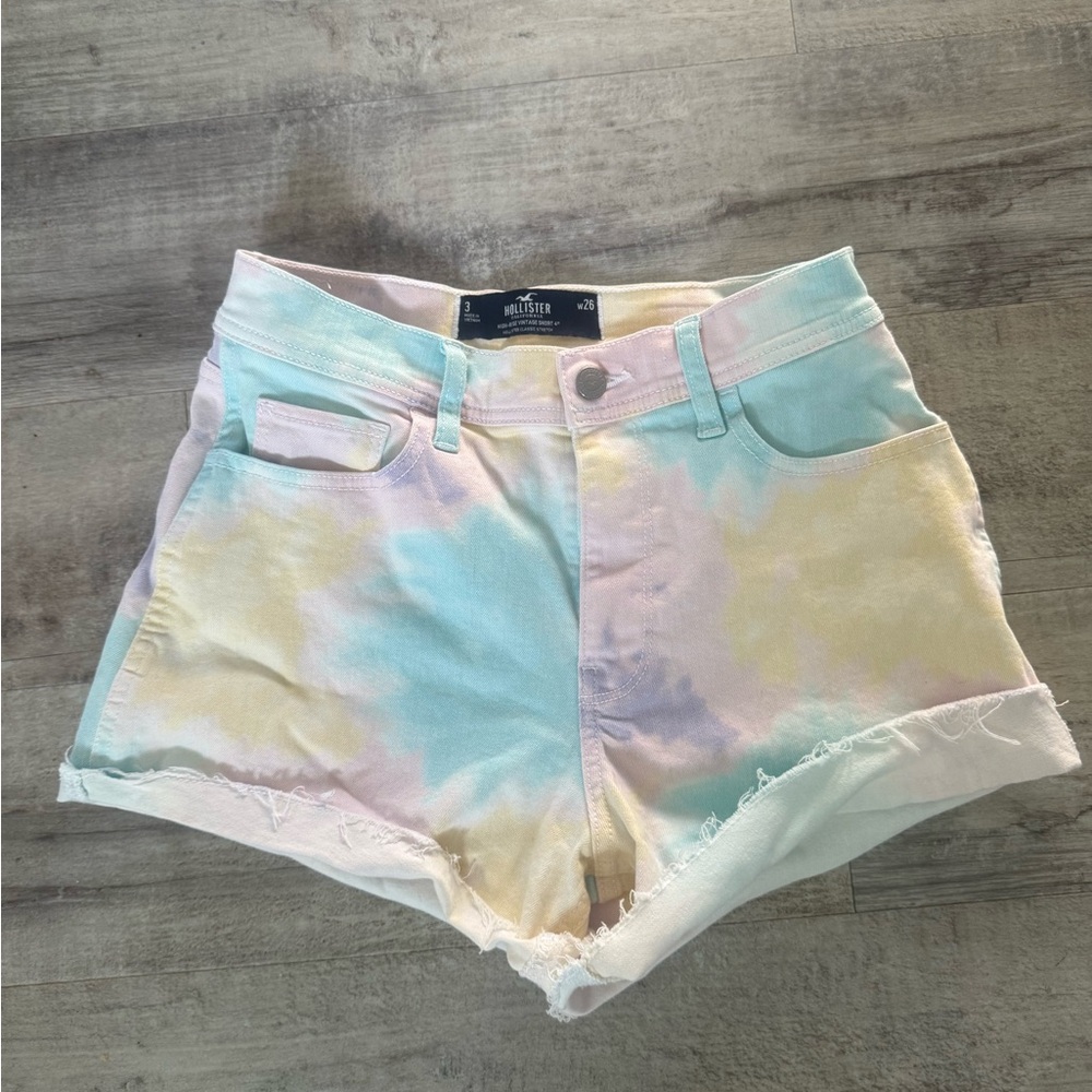 Hollister Pastel Tie-Dye High-Rise Denim Shorts - Blue, Pink, Yellow size 3